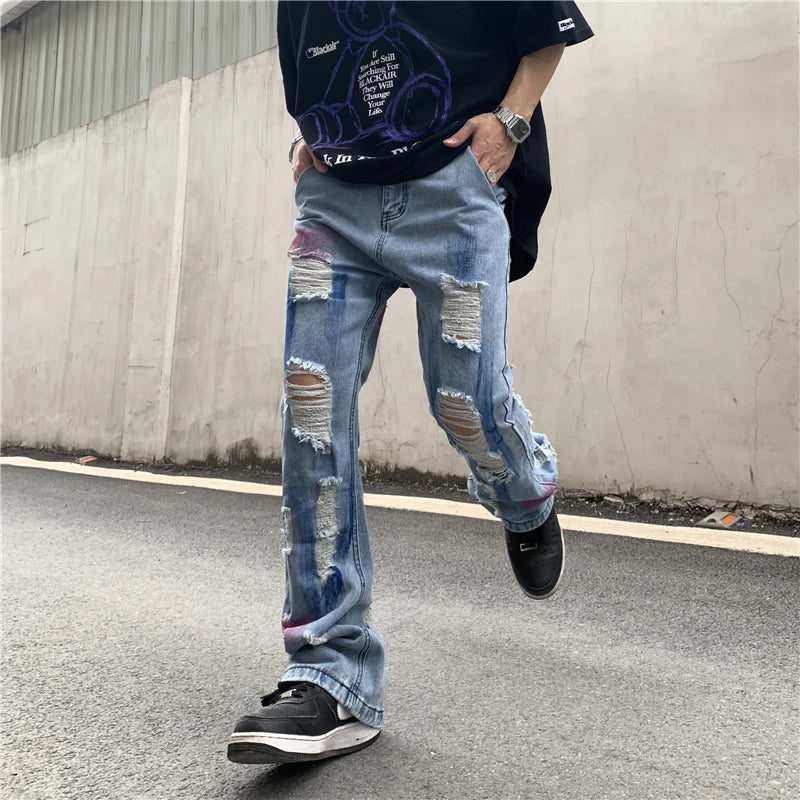 fashion back letters printed denim flare jeans mens zipper straight trouser hip hop destroy holes streetwear jean pants joggers unique joggers style 4655