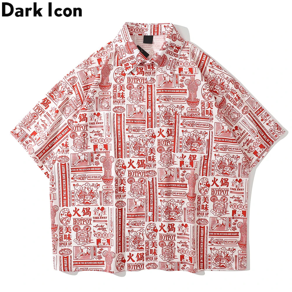 Dark Icon Full Printed Oversized Shirt for Men Summer Loose Men's Shirts Male Top Black Red Street King Limited