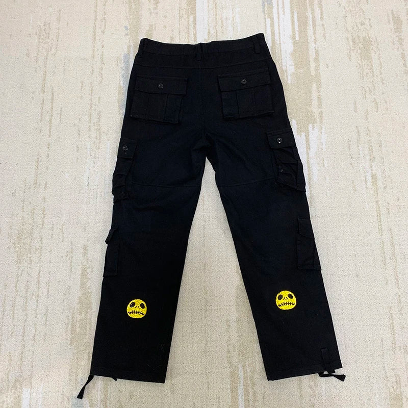 mens high street smilely loose cargo pants casual zipper straight jeans hip hop side pockets loose fit streetwear casual joggers unique joggers style 2481