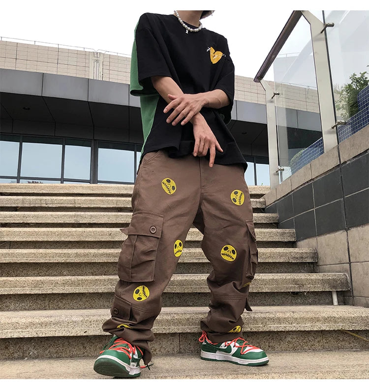 mens high street smilely loose cargo pants casual zipper straight jeans hip hop side pockets loose fit streetwear casual joggers unique joggers style 2468