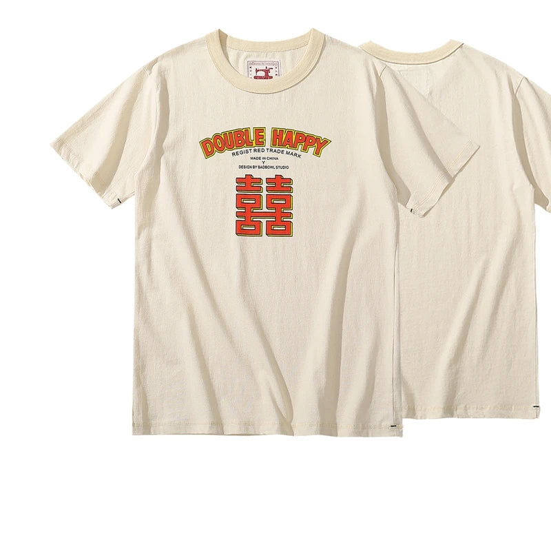 Summer New 100% Cotton Double Happy Chinese Printed Cultural T Shirt Men Vintage Causal O-neck Basic T-shirt Male Classical Tops Street King Limited