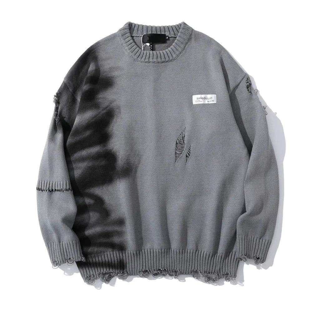 Mens Hip Hop Destroy Ripped Holes Streetwear Graffiti Harajuku Sweater Vintage Retro Knitted Sweater New Casual Cotton Pullover Street King Limited