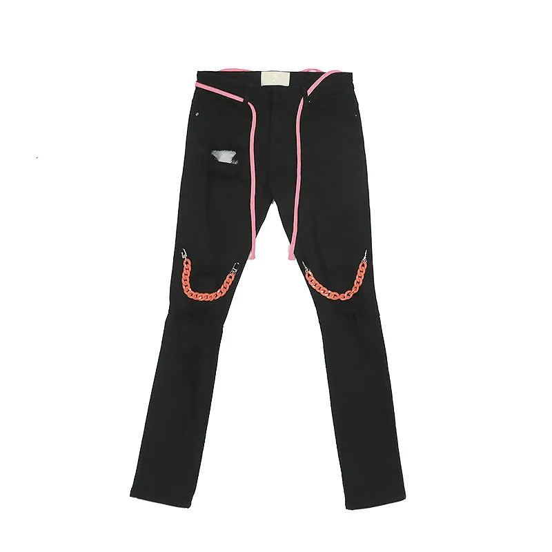 high street knee hole with chain ripped biker jeans mens slim fit denim pants autumn new streetwear casual hip hop pants joggers unique joggers style 3235