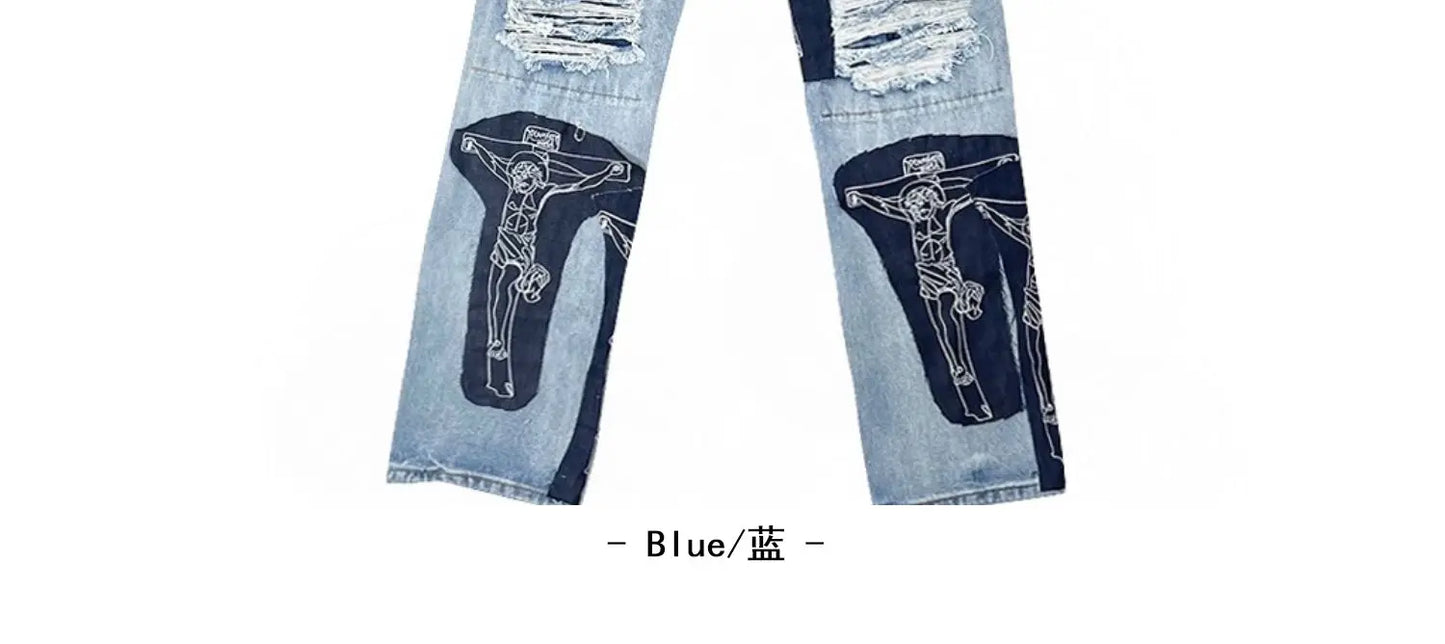 men high street denim jean pants casual loose destroyed ripped holes straight jeans fashion patchwork hip hop streetwear joggers unique joggers style 3507