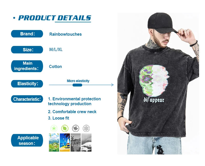 Rainbowtouches 2021 New Half-Sleeve T-Shirt Unisex High Street Skull Printing Loose Casual T-shirts Punk Hip Hop Fashion T-shirt Street King Limited