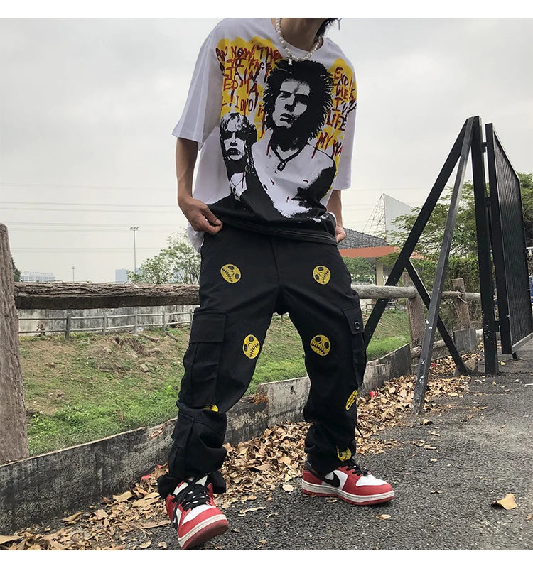 mens high street smilely loose cargo pants casual zipper straight jeans hip hop side pockets loose fit streetwear casual joggers unique joggers style 2476