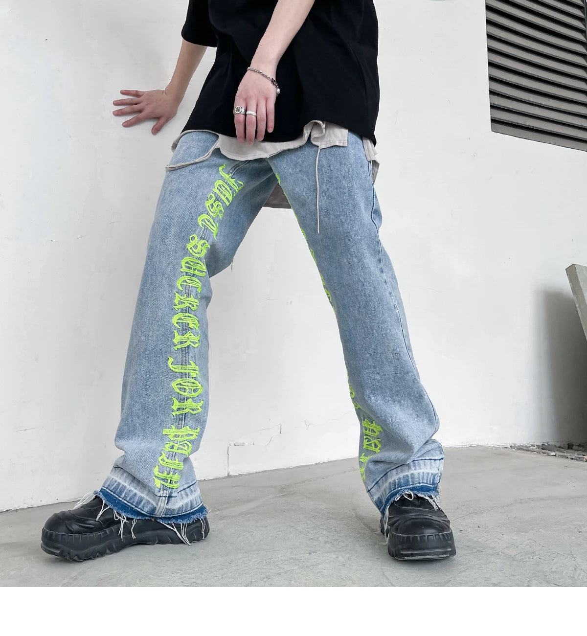 fashion letters embroidery denim flare jeans mens high street elastic waist straight trouser hip hop streetwear pants joggers unique joggers style 3778