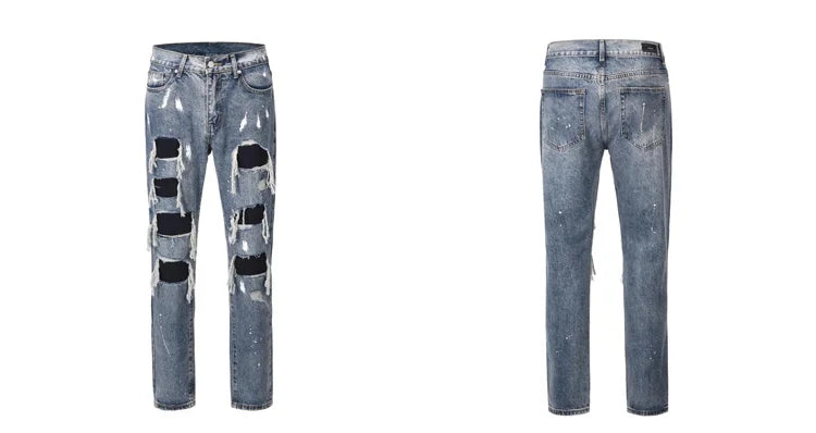 men ripped holes denim jean pants hip hip new fashion straight patchwork pants new casual jeans streetwear mens trousers joggers unique joggers style 396