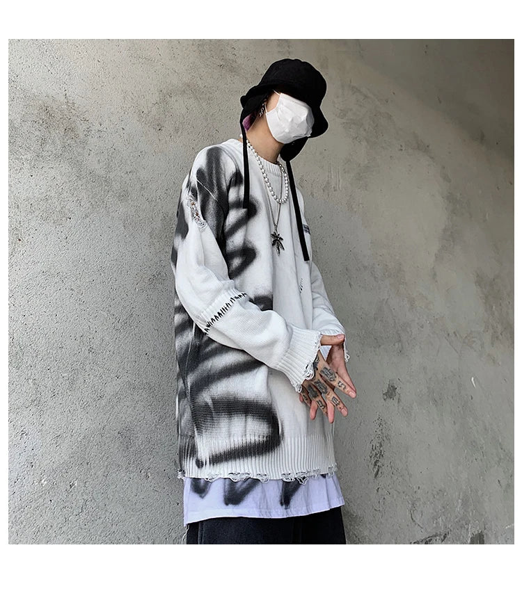 Mens Hip Hop Destroy Ripped Holes Streetwear Graffiti Harajuku Sweater Vintage Retro Knitted Sweater New Casual Cotton Pullover Street King Limited