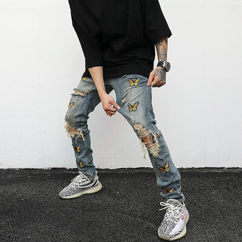 high street butterfly embroidery knee ripped hole jeans mens casual hip hop distressed jeans slim fit skinny denim pants joggers casual joggers