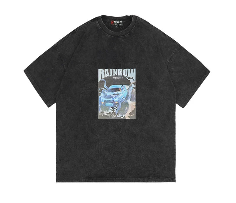 Rainbowtouches 2021 New Mens Short-Sleeve T-Shirt Unisex High Street Car Printing Loose Casual Punk Hip Hop BoyGraffiti Fashion Street King Limited