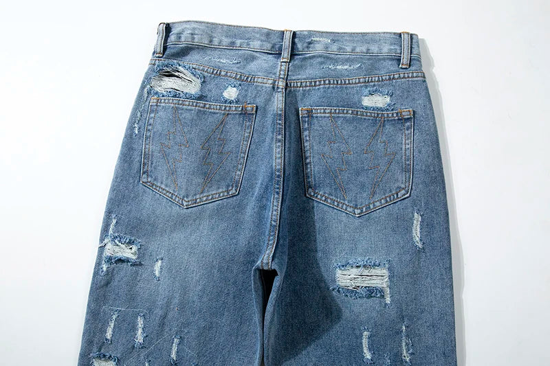 swag washed destroyed flare jeans streetwear hip hop slim fit ripped men black blue colorblocked flared denim pant for men unique jeans style 1503