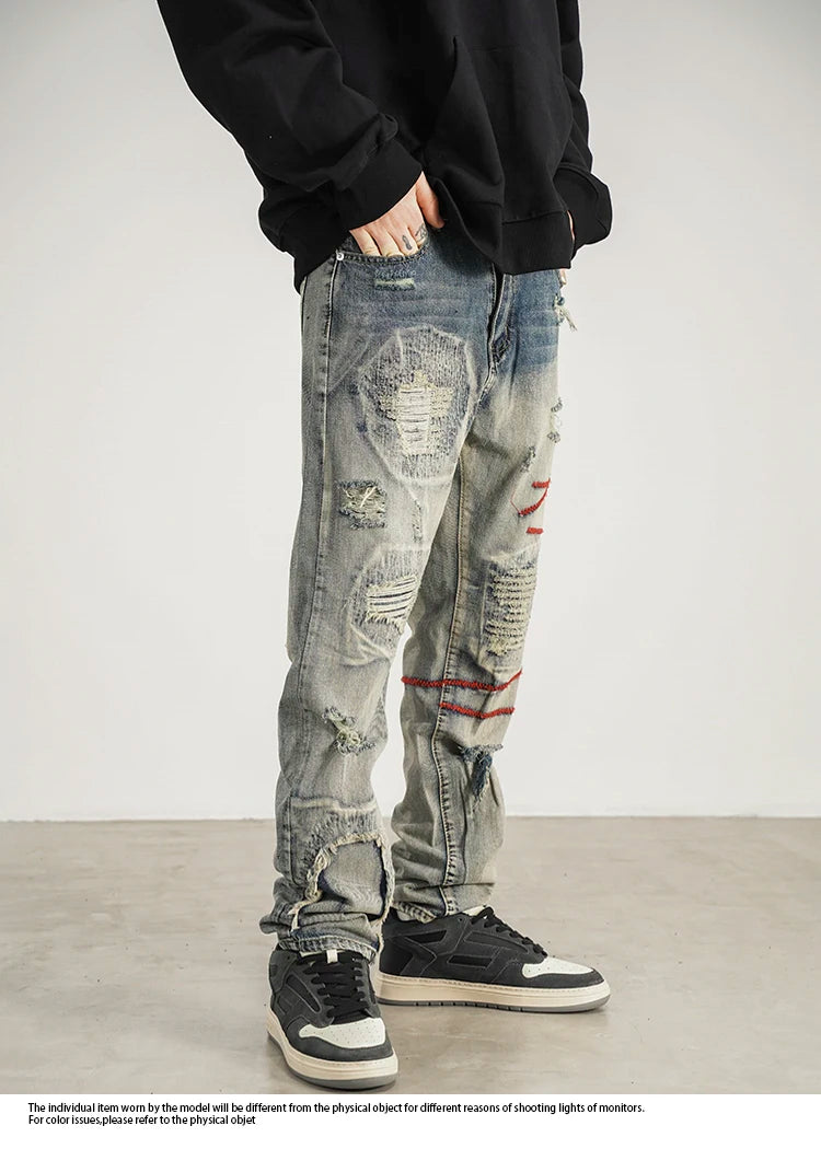 destroyed ripped straight jeans pants mens distressed biker jeans fashion irregular embroidery streetwear hip hop pants joggers unique joggers style 2945