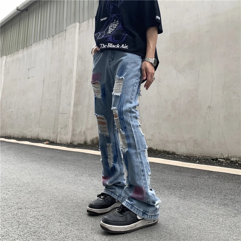 fashion back letters printed denim flare jeans mens zipper straight trouser hip hop destroy holes streetwear jean pants joggers unique joggers style 4658