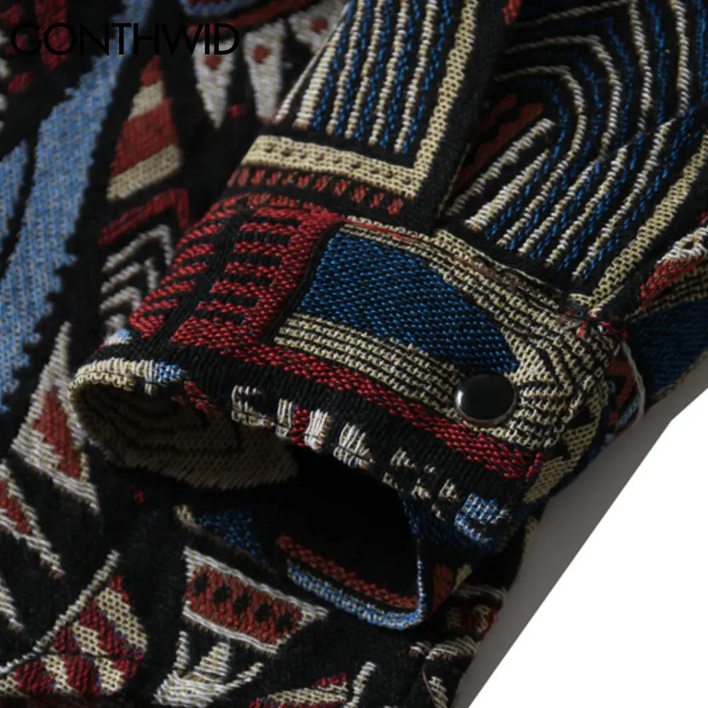 Streetwear Gonthwid Knitted Shirts Nation Style Geometry Flowers Color Block Patc Gonthwid Knitted Shirts Nation Style Geometry Flowers Color Block Patchwork Long Sleeve Button Shirt Hip Hop Casual Tops Coats Fashion Sweater Jacket With Graphic Design For Men