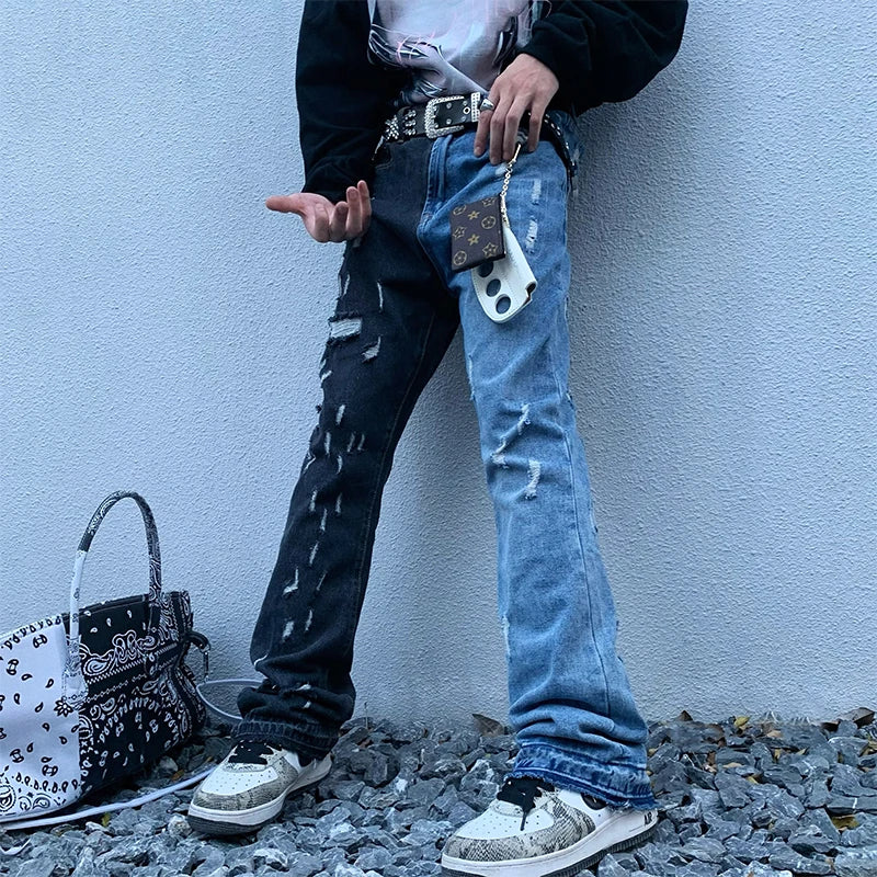 swag washed destroyed flare jeans streetwear hip hop slim fit ripped men black blue colorblocked flared denim pant for men stacked flare jeans