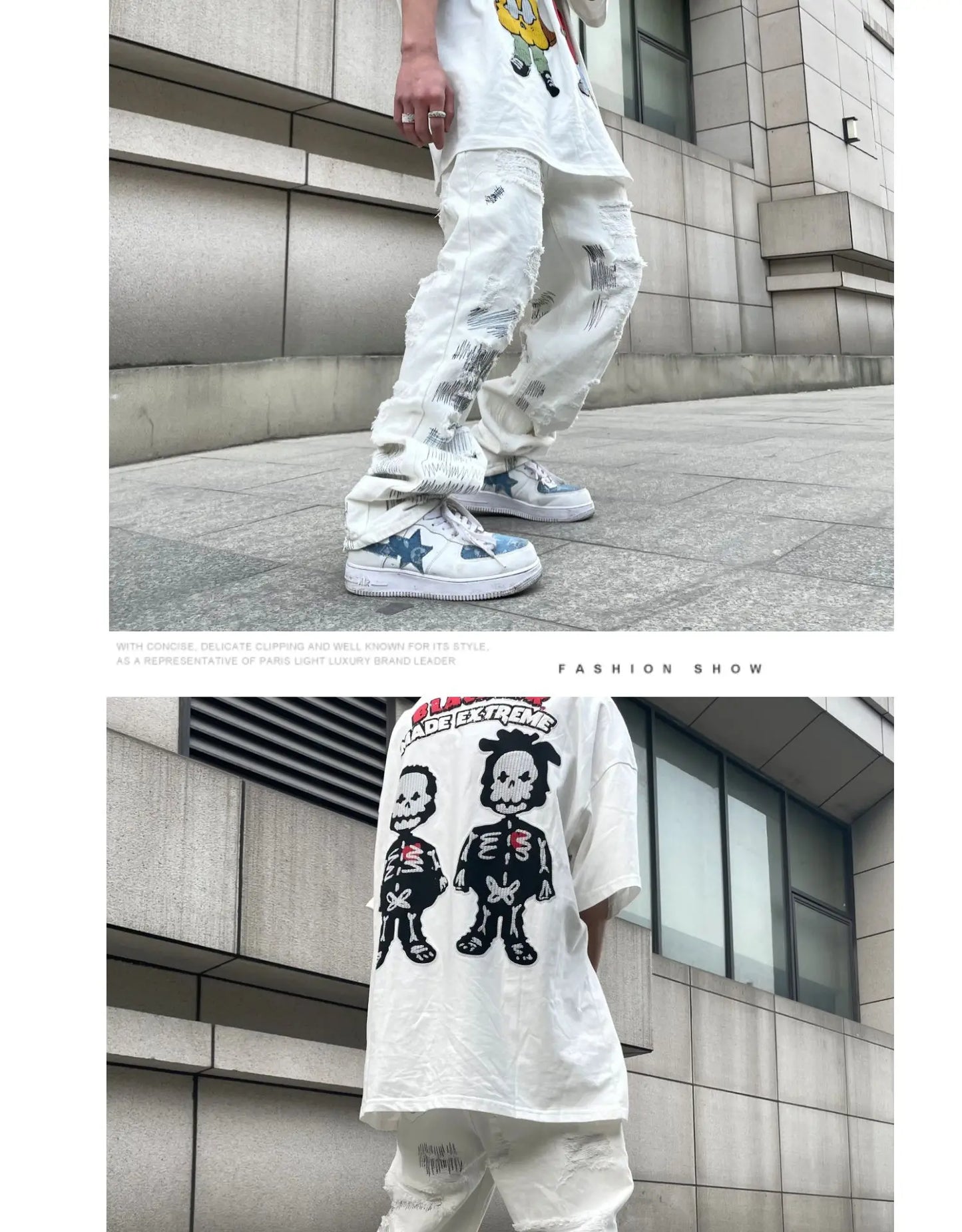 mens high street denim jean pants new casual loose ripped holes straight zipper white jeans trousers hip hop streetwear joggers unique joggers style 1597