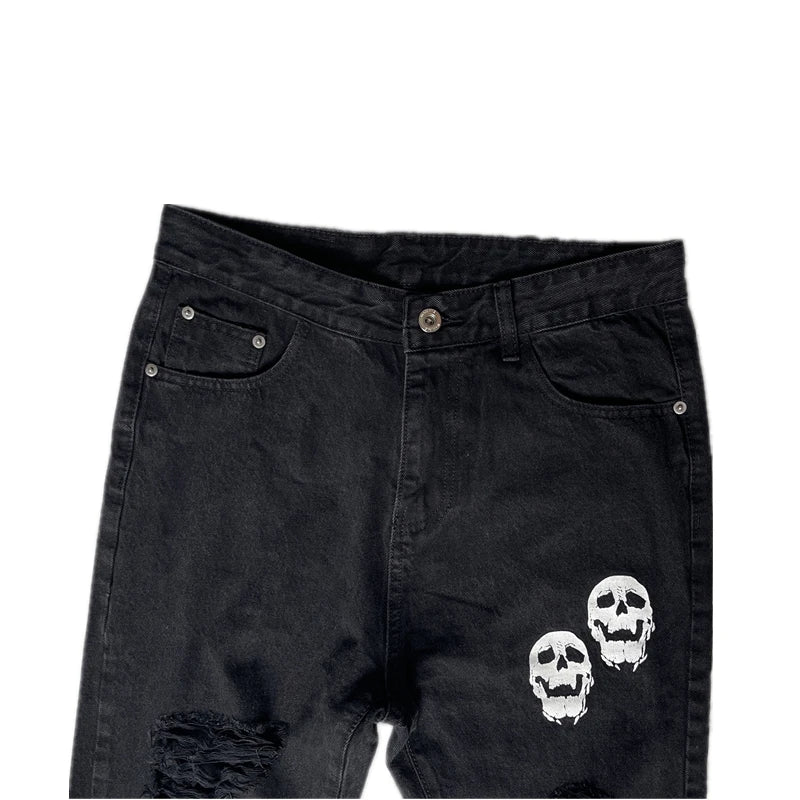 fashion skull printed denim jeans mens destoryed holes zipper flare jeans hip hop streetwear summer casual joggers jeans pants unique joggers style 2773