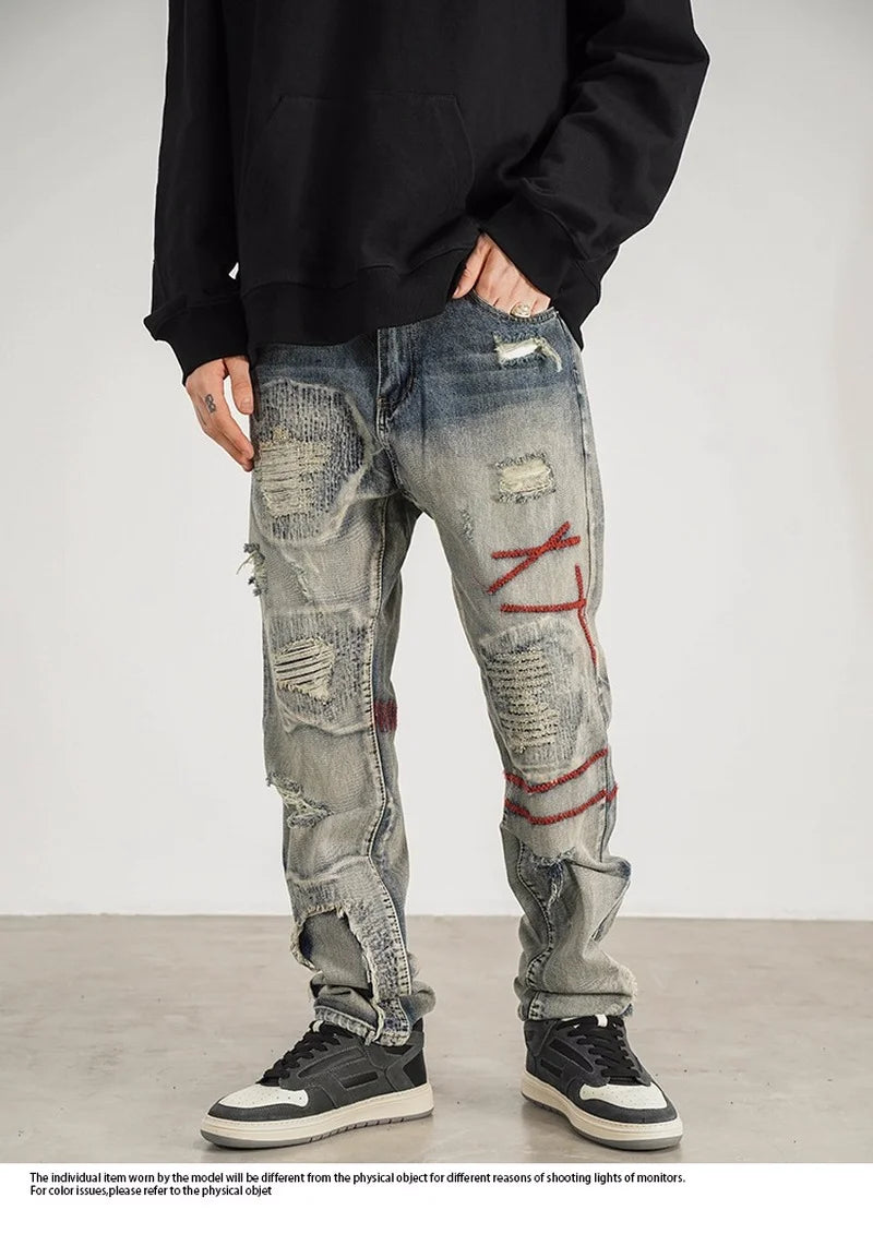 destroyed ripped straight jeans pants mens distressed biker jeans fashion irregular embroidery streetwear hip hop pants joggers urban active pants