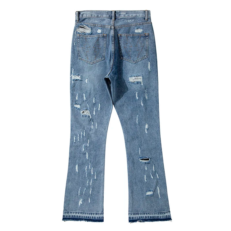 swag washed destroyed flare jeans streetwear hip hop slim fit ripped men black blue colorblocked flared denim pant for men unique jeans style 1500