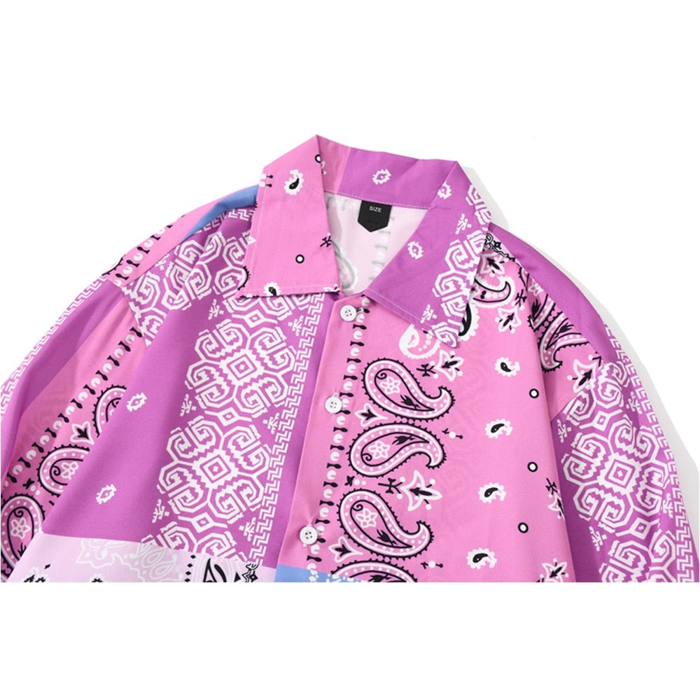 "Blue Pink Bandana" Unisex Men Women Streetwear Button Shirt Daulet Apparel
