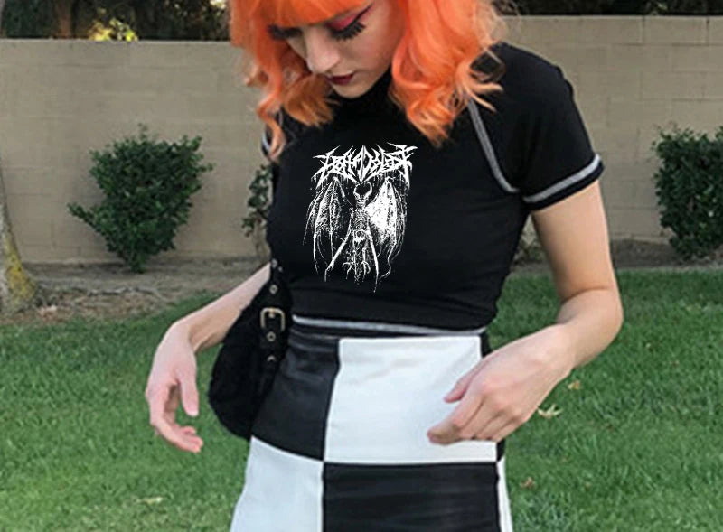 Women's T-shirt Harajuku Y2K crop Top Harajuku Retro Korean Black Demon Punk Gothic Anime Print Clothes Slim anime Street King Limited