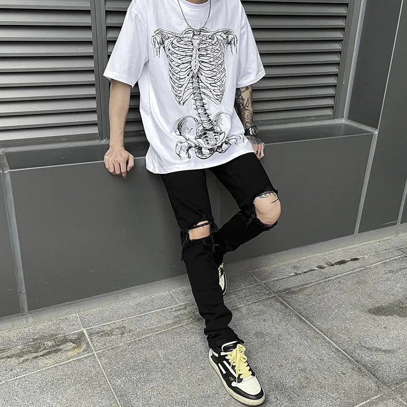 Summer Hip-hop Skull Printed Men Short-sleeved T-shirt Cotton Casual Unisex O-neck Loose Harajuku Short-sleeved Tops Tee T-shirt Street King Limited