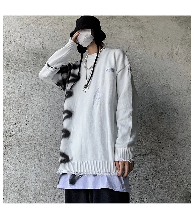 Mens Hip Hop Destroy Ripped Holes Streetwear Graffiti Harajuku Sweater Vintage Retro Knitted Sweater New Casual Cotton Pullover Street King Limited
