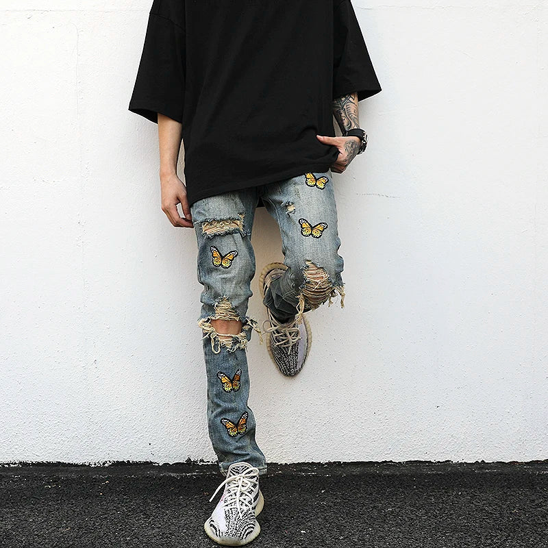 high street butterfly embroidery knee ripped hole jeans mens casual hip hop distressed jeans slim fit skinny denim pants joggers relaxed fit joggers