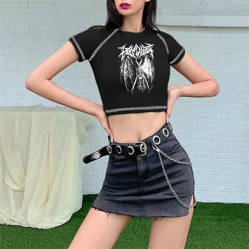 Women's T-shirt Harajuku Y2K crop Top Harajuku Retro Korean Black Demon Punk Gothic Anime Print Clothes Slim anime Street King Limited
