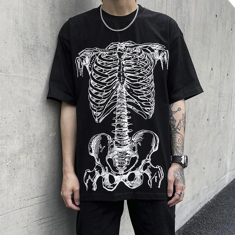 Summer Hip-hop Skull Printed Men Short-sleeved T-shirt Cotton Casual Unisex O-neck Loose Harajuku Short-sleeved Tops Tee T-shirt Street King Limited