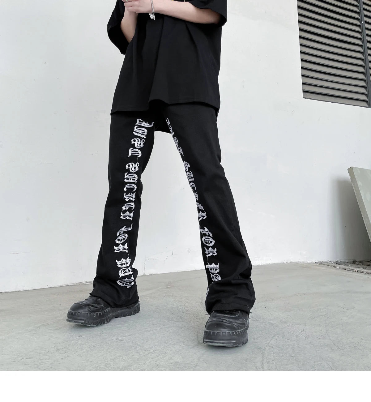 fashion letters embroidery denim flare jeans mens high street elastic waist straight trouser hip hop streetwear pants joggers unique joggers style 3773