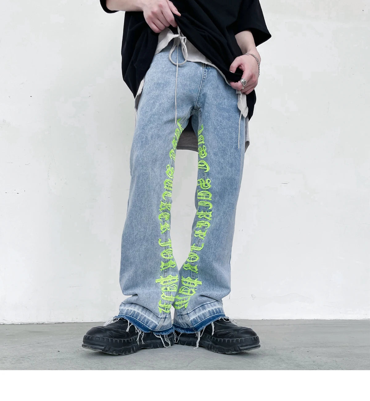 fashion letters embroidery denim flare jeans mens high street elastic waist straight trouser hip hop streetwear pants joggers unique joggers style 3777