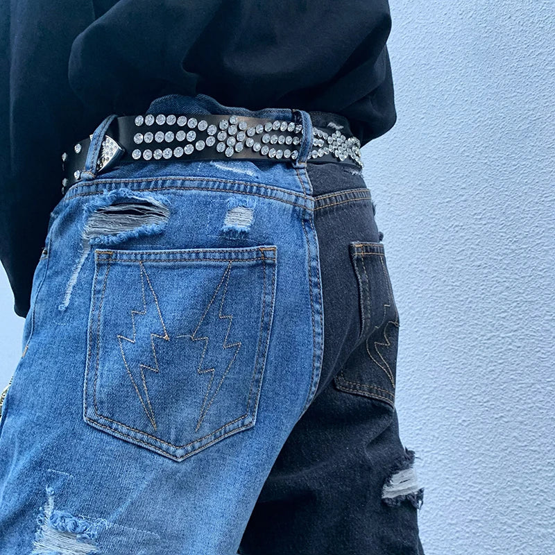 swag washed destroyed flare jeans streetwear hip hop slim fit ripped men black blue colorblocked flared denim pant for men ripped baggy denim