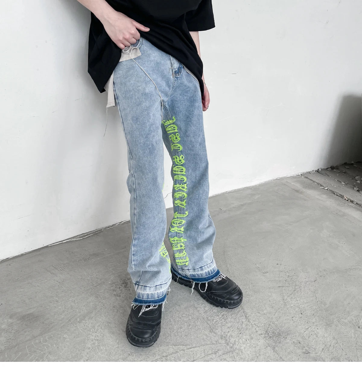 fashion letters embroidery denim flare jeans mens high street elastic waist straight trouser hip hop streetwear pants joggers unique joggers style 3781