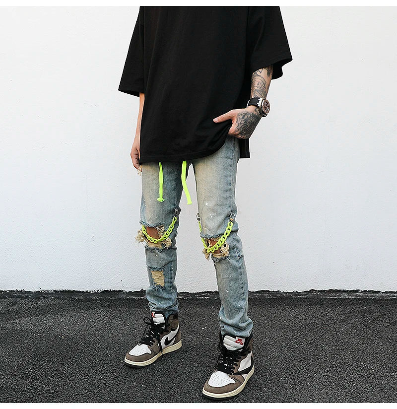 high street knee hole with chain ripped biker jeans mens slim fit denim pants autumn new streetwear casual hip hop pants joggers unique joggers style 3243