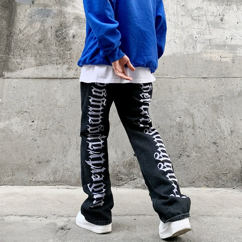 fashion back letters embroidery denim flare jeans mens zipper straight trouser hip hop destroy holes streetwear pants joggers relaxed fit joggers