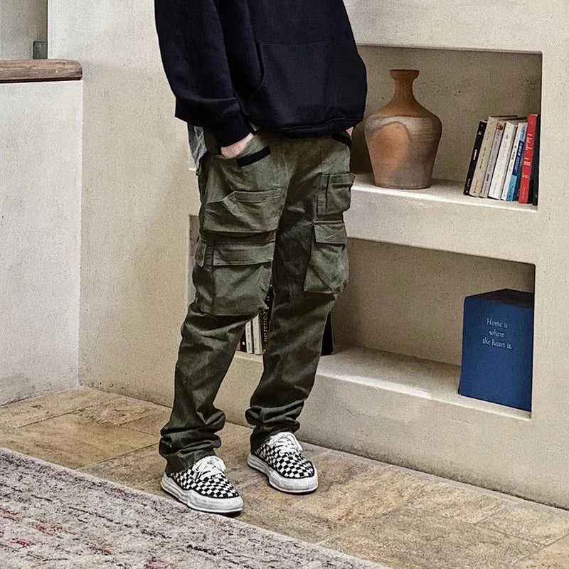 Harajuku Multi-pockets Straight Flare Pants Mens High Street Elastic Waist Solid Loose Casual Cargo Pants Hip Hop Baggy Trousers Street King Limited
