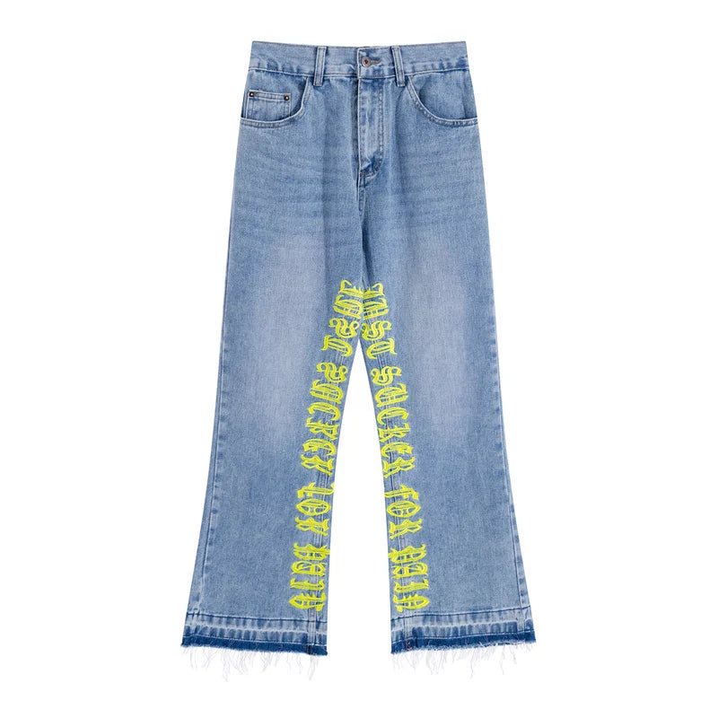 fashion letters embroidery denim flare jeans mens high street elastic waist straight trouser hip hop streetwear pants joggers relaxed fit joggers
