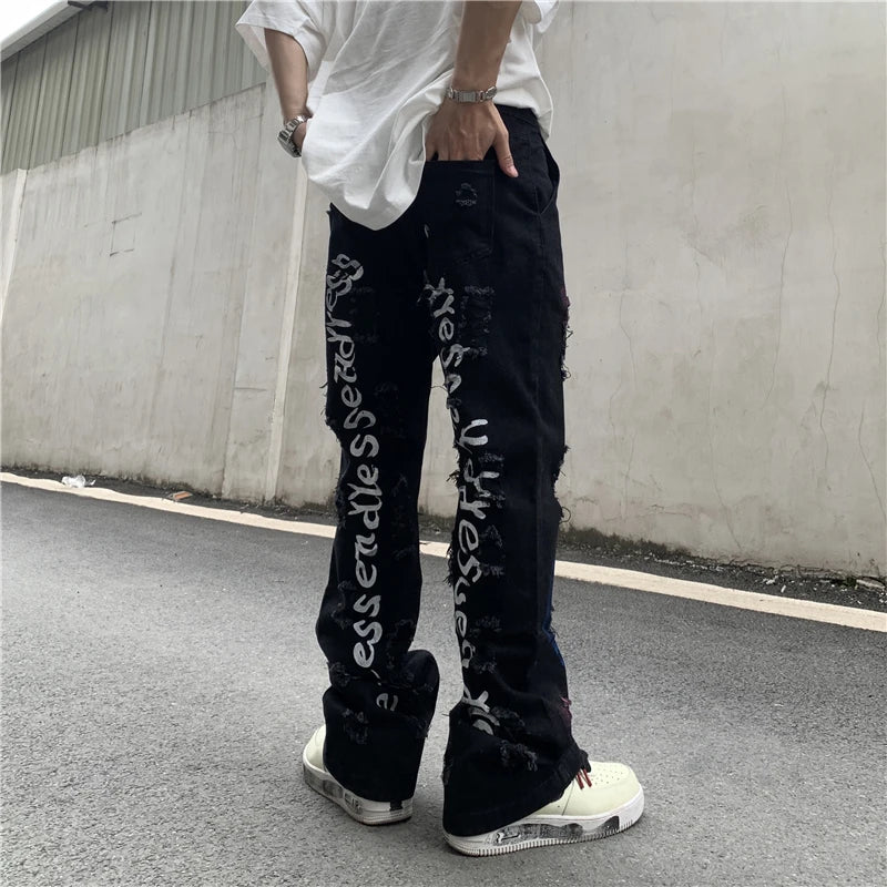 fashion back letters printed denim flare jeans mens zipper straight trouser hip hop destroy holes streetwear jean pants joggers unique joggers style 4653
