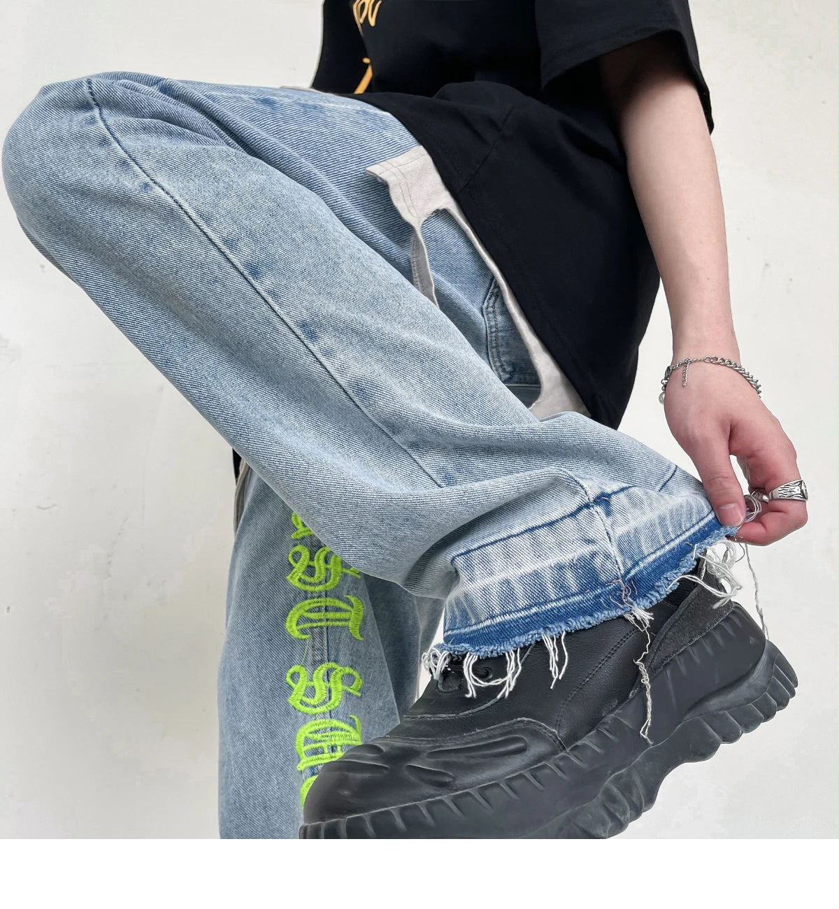 fashion letters embroidery denim flare jeans mens high street elastic waist straight trouser hip hop streetwear pants joggers unique joggers style 3782