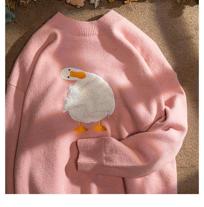 Men Harajuku Sweater Cartoon Duck Goose Embroidery Knitted Pullover Japanese College Style O-Neck Jumper Unisex Spring Autunm Street King Limited