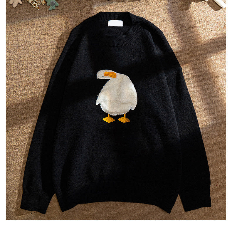 Men Harajuku Sweater Cartoon Duck Goose Embroidery Knitted Pullover Japanese College Style O-Neck Jumper Unisex Spring Autunm Street King Limited