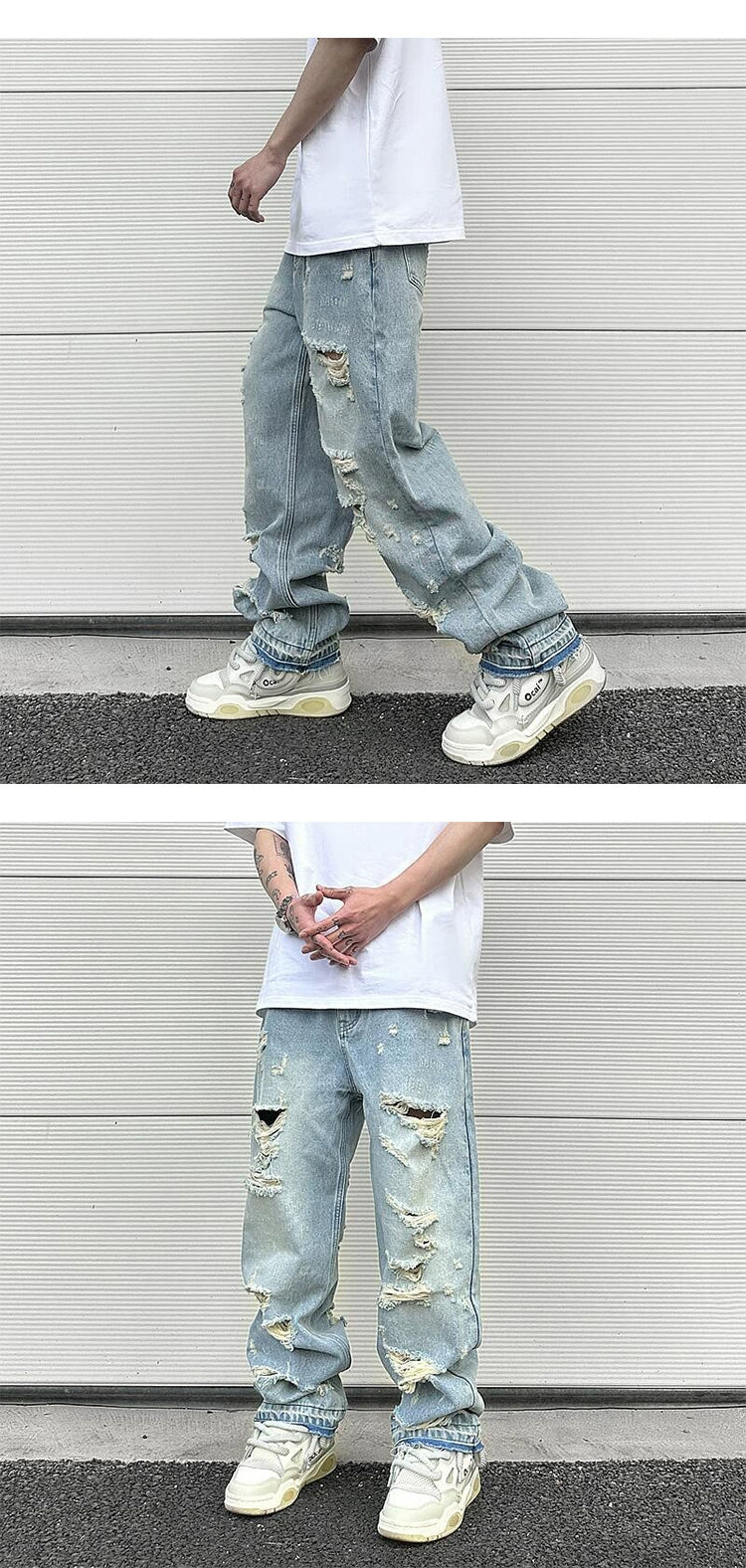 washed blue oversized torn jeans for men streetwear hip hop large destroyed wide leg jeans baggy straight ripped denim pants unique jeans style 4421