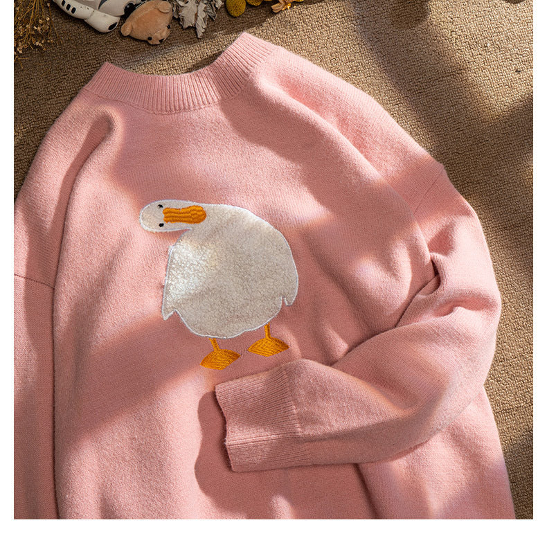 Men Harajuku Sweater Cartoon Duck Goose Embroidery Knitted Pullover Japanese College Style O-Neck Jumper Unisex Spring Autunm Street King Limited