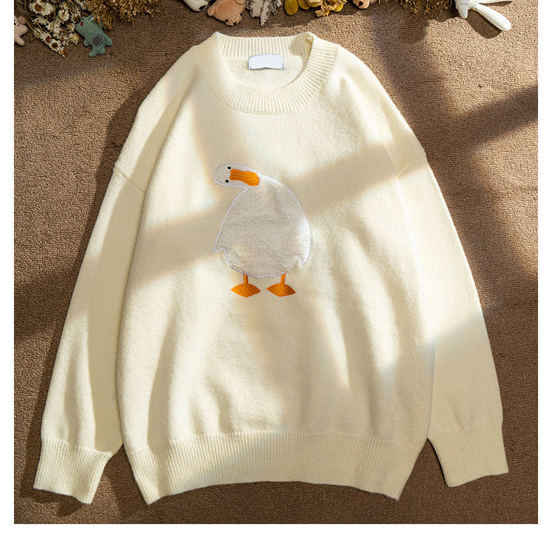 Men Harajuku Sweater Cartoon Duck Goose Embroidery Knitted Pullover Japanese College Style O-Neck Jumper Unisex Spring Autunm Street King Limited