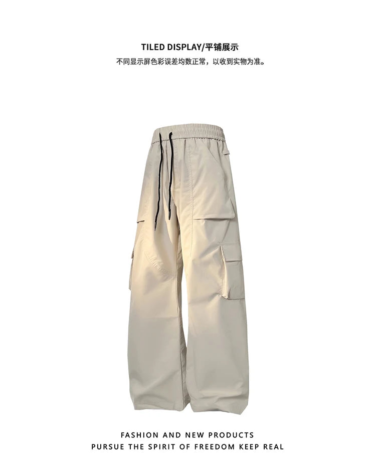multi pocket mens wide leg straight cargo pants korean fashion track pants male casual loose mopping trousers four seasons unique cargo style 1019
