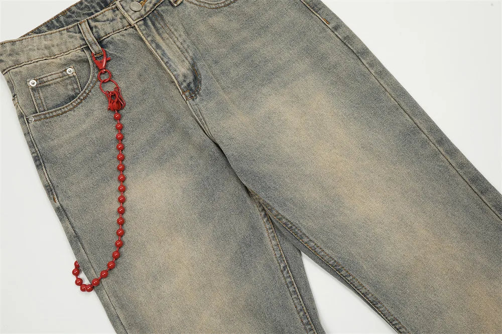red chain pendant washed vintage jeans men women streetwear fashion hip hop loose casual wide leg denim jeans pants trousers unique jeans style 1428
