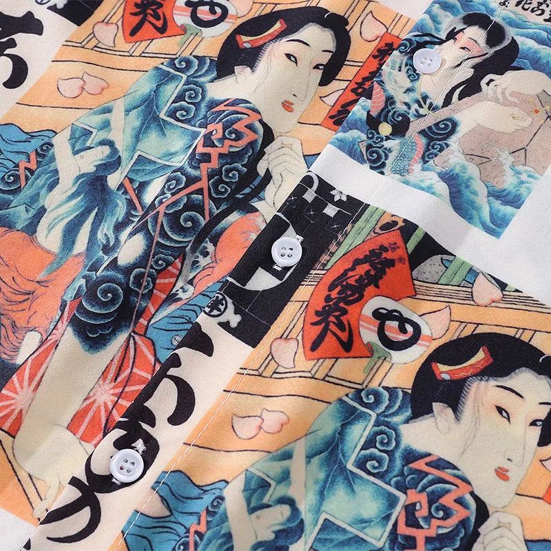 Japanese Retro Ukiyo-e Painting Graphic Printed Long Sleeve Shirts for Men Autumn Fashion Oversized Lapel Single Breasted Shirt Street King Limited