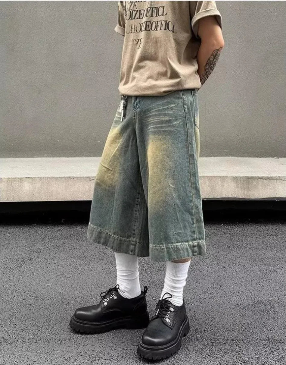 Summer Trend Denim Cropped Trousers Mens American Hip Hop Washed Wide Leg Shorts Unisex High Street Straight Cowboy Mid Pants Street King Limited